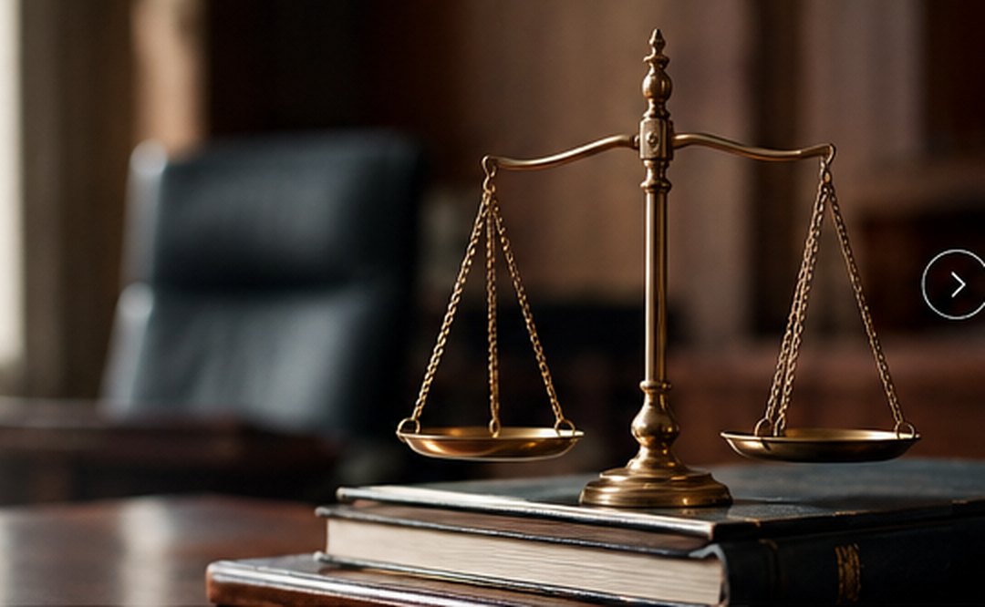 Balanza de justicia sobre libros jurídicos